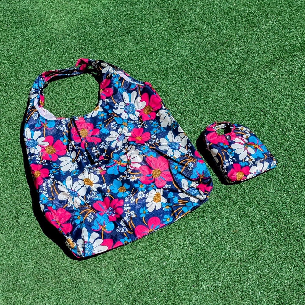 Folding Collapsing Nylon Floral Compact Travel Folding Canvas Carry Tote Bag New